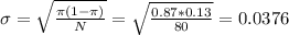 \sigma=\sqrt{\frac{\pi(1-\pi)}{N} }=\sqrt{\frac{0.87*0.13}{80} }=0.0376