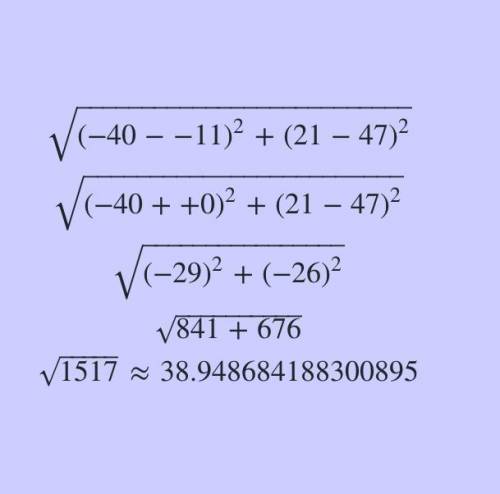 Find the distance between the points (-11, 47) and (-40, 21)
