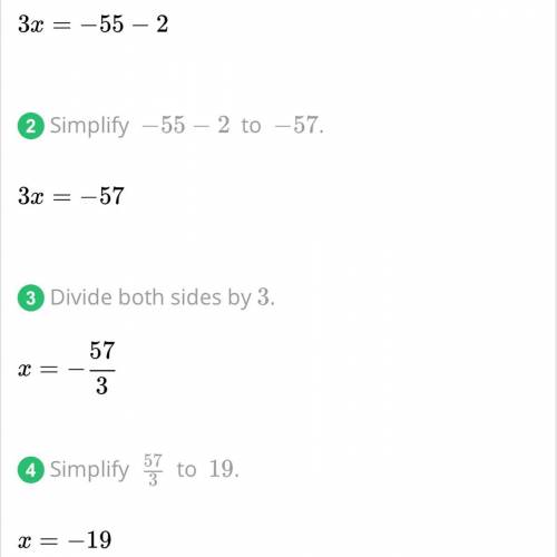 Plz answer if you can:)3x + 2 = -55what's the solution to x?can you show me how to get the answer al