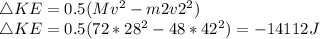 \triangle KE= 0.5(Mv^{2}-m2v2^{2})\\\triangle KE= 0.5(72*28^{2}-48*42^{2})=-14112 J