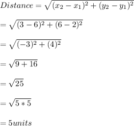 Distance=\sqrt{(x_{2}-x_{1})^{2}+(y_{2}-y_{1})^{2}}\\\\=\sqrt{(3-6)^{2}+(6-2)^{2}}\\\\=\sqrt{(-3)^{2}+(4)^{2}}\\\\ =\sqrt{9+16}\\\\=\sqrt{25}\\\\ =\sqrt{5*5}\\\\ =5units