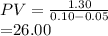 PV = \frac{1.30}{0.10 - 0.05} \\= $26.00