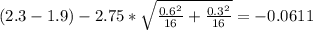 (2.3 -1.9) - 2.75*\sqrt{\frac{0.6^2}{16}+\frac{0.3^2}{16}}}=-0.0611