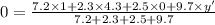 0=\frac{7.2\times 1+ 2.3\times 4.3 + 2.5 \times 0+ 9.7 \times y'}{7.2 + 2.3 + 2.5 + 9.7}