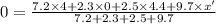 0=\frac{7.2\times 4+ 2.3\times 0 + 2.5 \times 4.4+ 9.7 \times x'}{7.2 + 2.3 + 2.5 + 9.7}