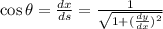\cos \theta = \frac{dx}{ds} = \frac{1}{\sqrt{1+(\frac{dy}{dx} )^{2}}}