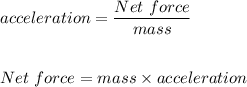 acceleration=\dfrac{Net\text{ }force}{mass}\\\\\\Net\text{ }force=mass\times acceleration