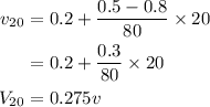 \begin{aligned}v_{20} &=0.2+\frac{0.5-0.8}{80} \times 20 \\&=0.2+\frac{0.3}{80} \times 20 \\V_{20} &=0.275 v\end{aligned}