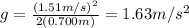 g=\frac{(1.51m/s)^2}{2(0.700m)}=1.63m/s^2