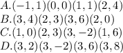 A. {(-1, 1) (0, 0) (1, 1) (2, 4)} \\B. {(3, 4) (2, 3) (3, 6) (2, 0)} \\C. {(1, 0) (2, 3) (3, -2) (1, 6)} \\D. {(3, 2) (3, -2) (3, 6) (3, 8)}