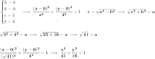 \bf \begin{cases} h = 0\\ k = 0\\ c = 5\\ b = 4 \end{cases}\implies \cfrac{(x-0)^2}{a^2}+\cfrac{(y-0)^2}{4^2}=1~\hfill c = \sqrt{a^2-b^2}\implies \sqrt{c^2+b^2}=a \\\\\\ \sqrt{5^2+4^2}=a\implies \sqrt{25+16}=a\implies \sqrt{41}=a \\\\\\ \cfrac{(x-0)^2}{(\sqrt{41})^2}+\cfrac{(y-0)^2}{4^2}=1\implies \cfrac{x^2}{41}+\cfrac{y^2}{16}=1