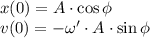 x(0) = A\cdot \cos \phi\\v(0) = - \omega'\cdot A \cdot \sin \phi