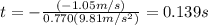 t=-\frac{(-1.05m/s)}{0.770(9.81m/s^{2})}=0.139s