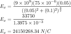 E_x=\dfrac{(9\times 10^{9})(75\times 10^{-6})(0.05)}{((0.05)^2+(0.1)^2)^\frac{3}{2}}\\\\E_x=\dfrac{33750}{1.3975\times 10^{-3}}\\\\E_x=24150268.34\ N/C
