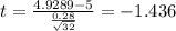 t=\frac{4.9289-5}{\frac{0.28}{\sqrt{32}}}=-1.436