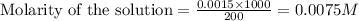 \text{Molarity of the solution}=\frac{0.0015\times 1000}{200}=0.0075M