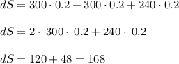 dS = 300\cdot 0.2+300\cdot 0.2+240\cdot 0.2\\\\dS=2\cdot \:300\cdot \:0.2+240\cdot \:0.2\\\\dS=120+48=168