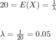 20=E(X)=\frac{1}{\lambda}\\\\\\\lambda=\frac{1}{20}=0.05