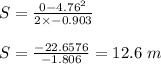 S=\frac{0-4.76^2}{2\times -0.903}\\\\S=\frac{-22.6576}{-1.806}=12.6\ m