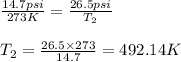 \frac{14.7psi}{273K}=\frac{26.5psi}{T_2}\\\\T_2=\frac{26.5\times 273}{14.7}=492.14K