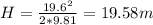 H=\frac{19.6^{2}}{2*9.81}=19.58 m