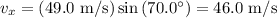v_x = (49.0\text{ m/s})\sin\,(70.0^\circ) = 46.0\text{ m/s}