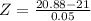 Z = \frac{20.88 - 21}{0.05}