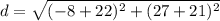 d=\sqrt{(-8+22)^{2}+(27+21)^{2}}