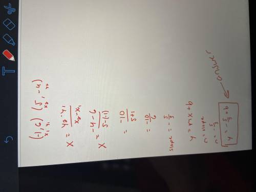 Find an equation for the line that passes through the points (-1,6) and (5,-4) .