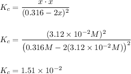 K_c=\dfrac{x\cdot x}{(0.316-2x)^2}\\\\\\K_c=\dfrac{(3.12\times 10^{-2}M)^2}{\big(0.316M-2(3.12\times 10^{-2}M)\big)^2}\\\\\\K_c=1.51\times 10^{-2}