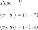 slope = \frac{11}4}\\\\(x_1, y_1) = (x, -7)\\\\(x_2, y_2) = (-1, 4)