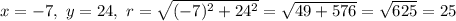 x=-7,\ y=24,\ r=\sqrt{(-7)^2+24^2}=\sqrt{49+576}=\sqrt{625}=25