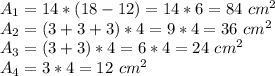 A_ {1} = 14 * (18-12) = 14 * 6 = 84 \ cm ^ 2\\A_ {2} = (3 + 3 + 3) * 4 = 9 * 4 = 36 \ cm ^ 2\\A_ {3} = (3 + 3) * 4 = 6 * 4 = 24 \ cm ^ 2\\A_ {4} = 3 * 4 = 12 \ cm ^ 2