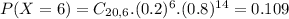 P(X = 6) = C_{20,6}.(0.2)^{6}.(0.8)^{14} = 0.109