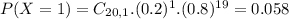 P(X = 1) = C_{20,1}.(0.2)^{1}.(0.8)^{19} = 0.058