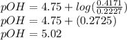 pOH = 4.75 +log(\frac{0.4171}{0.2227})\\pOH=4.75+(0.2725)\\pOH=5.02
