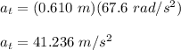 a_t=(0.610\ m)(67.6\ rad/s^2)\\\\a_t=41.236\ m/s^2