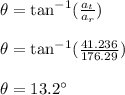 \theta=\tan^{-1}(\frac{a_t}{a_r})\\\\\theta=\tan^{-1}(\frac{41.236}{176.29})\\\\\theta=13.2\°
