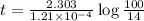 t=\frac{2.303}{1.21\times 10^{-4}}\log\frac{100}{14}