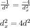 \frac{-1}{d^2} = \frac{-4}{d_x^2} \\\\d_x^2 = 4d^2