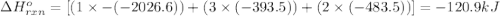 \Delta H^o_{rxn}=[(1\times -(-2026.6))+(3\times (-393.5))+(2\times (-483.5))]=-120.9kJ