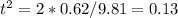 t^2 = 2*0.62/9.81 = 0.13