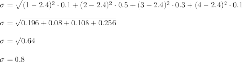 \sigma=\sqrt{(1-2.4)^2\cdot 0.1+(2-2.4)^2\cdot 0.5+(3-2.4)^2\cdot 0.3+(4-2.4)^2\cdot 0.1}\\\\\sigma=\sqrt{0.196+0.08+0.108+0.256}\\\\\sigma=\sqrt{0.64}\\\\\sigma=0.8