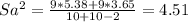 Sa^2= \frac{9*5.38+9*3.65}{10+10-2} =4.51