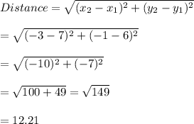 Distance=\sqrt{(x_{2}-x_{1})^{2}+(y_{2}-y_{1})^{2}}\\\\=\sqrt{(-3-7)^{2}+(-1-6)^{2}}\\\\=\sqrt{(-10)^{2}+(-7)^{2}}\\\\=\sqrt{100+49}=\sqrt{149}\\\\=12.21