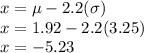 x = \mu - 2.2(\sigma)\\x = 1.92-2.2(3.25)\\x = -5.23