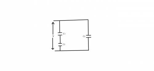A potential difference V = 100 V is applied across a capacitor arrangement with capacitances C1 = 10