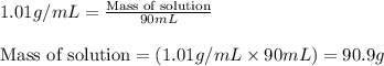 1.01g/mL=\frac{\text{Mass of solution}}{90mL}\\\\\text{Mass of solution}=(1.01g/mL\times 90mL)=90.9g