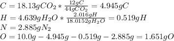 C=18.13gCO_2*\frac{12gC}{44gCO_2} =4.945gC\\H=4.639gH_2O*\frac{2.016gH}{18.0152gH_2O}=0.519gH\\N=2.885gN_2\\O=10.0g-4.945g-0.519g-2.885g=1.651gO