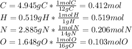 C=4.945gC*\frac{1molC}{12gC}=0.412mol\\H=0.519gH*\frac{1molH}{1gH}=0.519mol\\N=2.885gN*\frac{1molN}{14gN}=0.206molN\\O=1.648gO*\frac{1molO}{16gO} =0.103molO